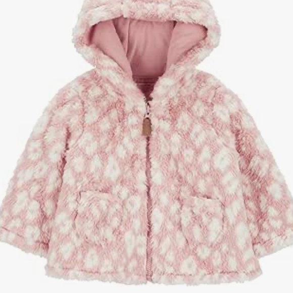 Carter’s Faux Sherpa Leopard Print Hooded Cardigan in Pink Combo Sz 24 mos EUC - Picture 1 of 9